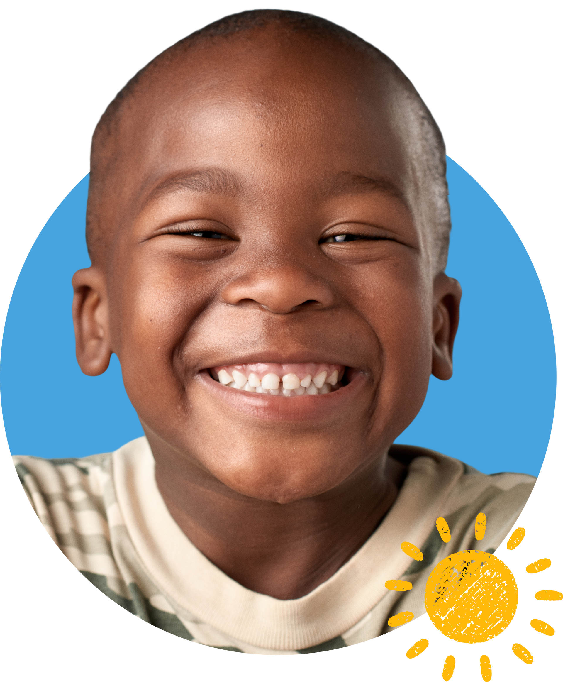 A smiling child with a short haircut, framed in a circle against a blue background with a small sun icon.