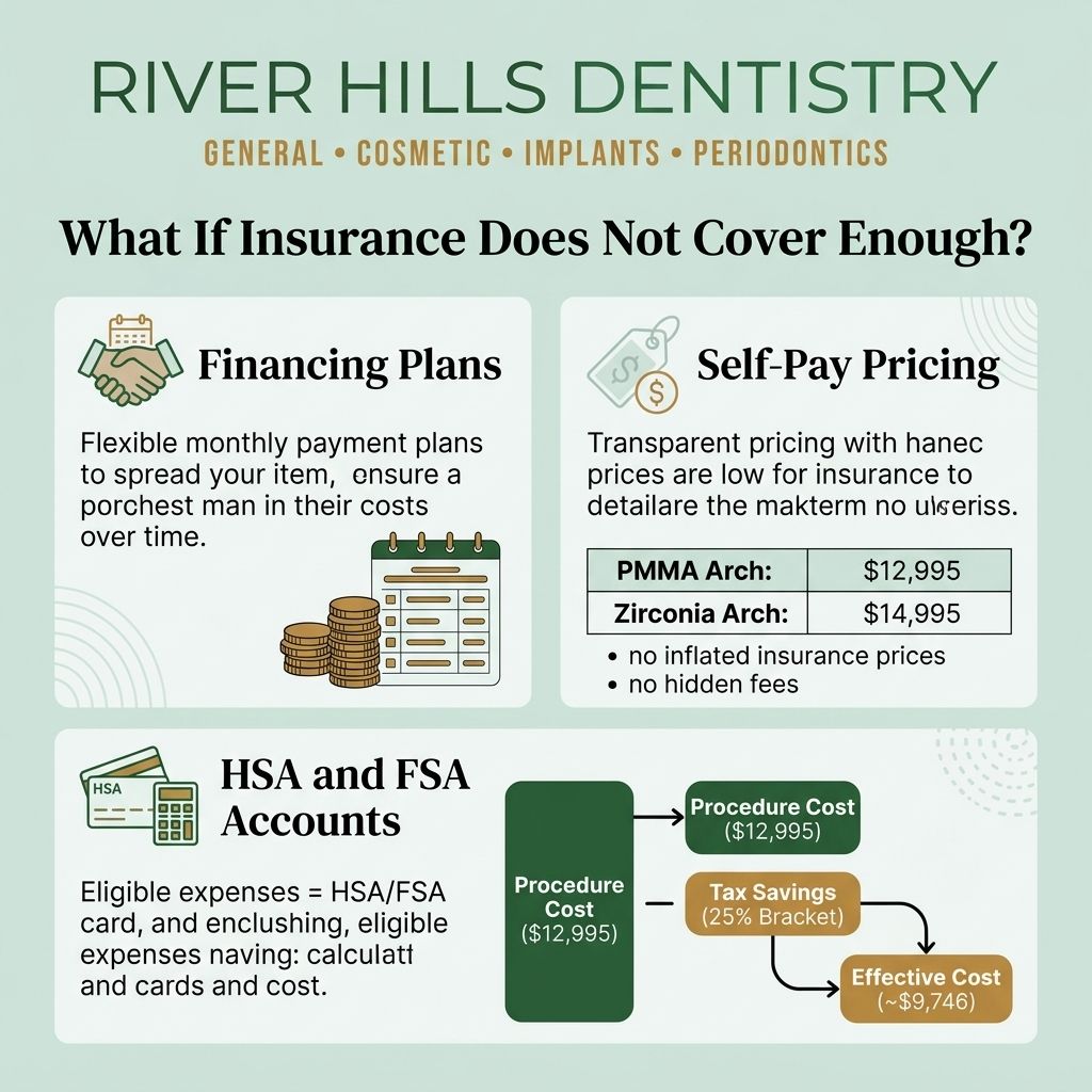River Hills Dentistry infographic on financing options, self-pay pricing, and HSA/FSA accounts with cost examples