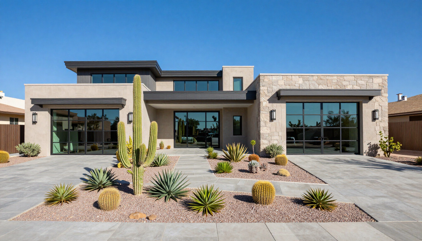 A modern Las Vegas home exterior in a beautiful suburban neighborhood.