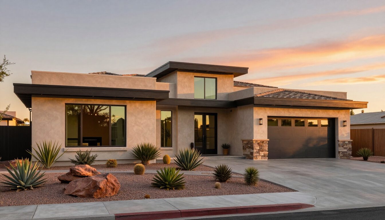 Modern single-story home in Las Vegas sunset