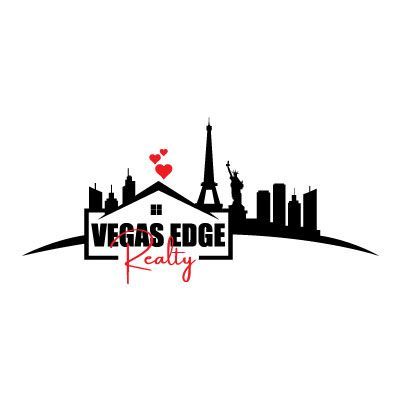 Las Vegas skyline logo with Eiffel Tower silhouette, red hearts, and “Vegas Edge Realty” text