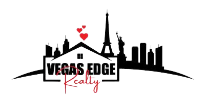VEGAS EDGE Realty logo with black skyline, red hearts, and stylized house outline