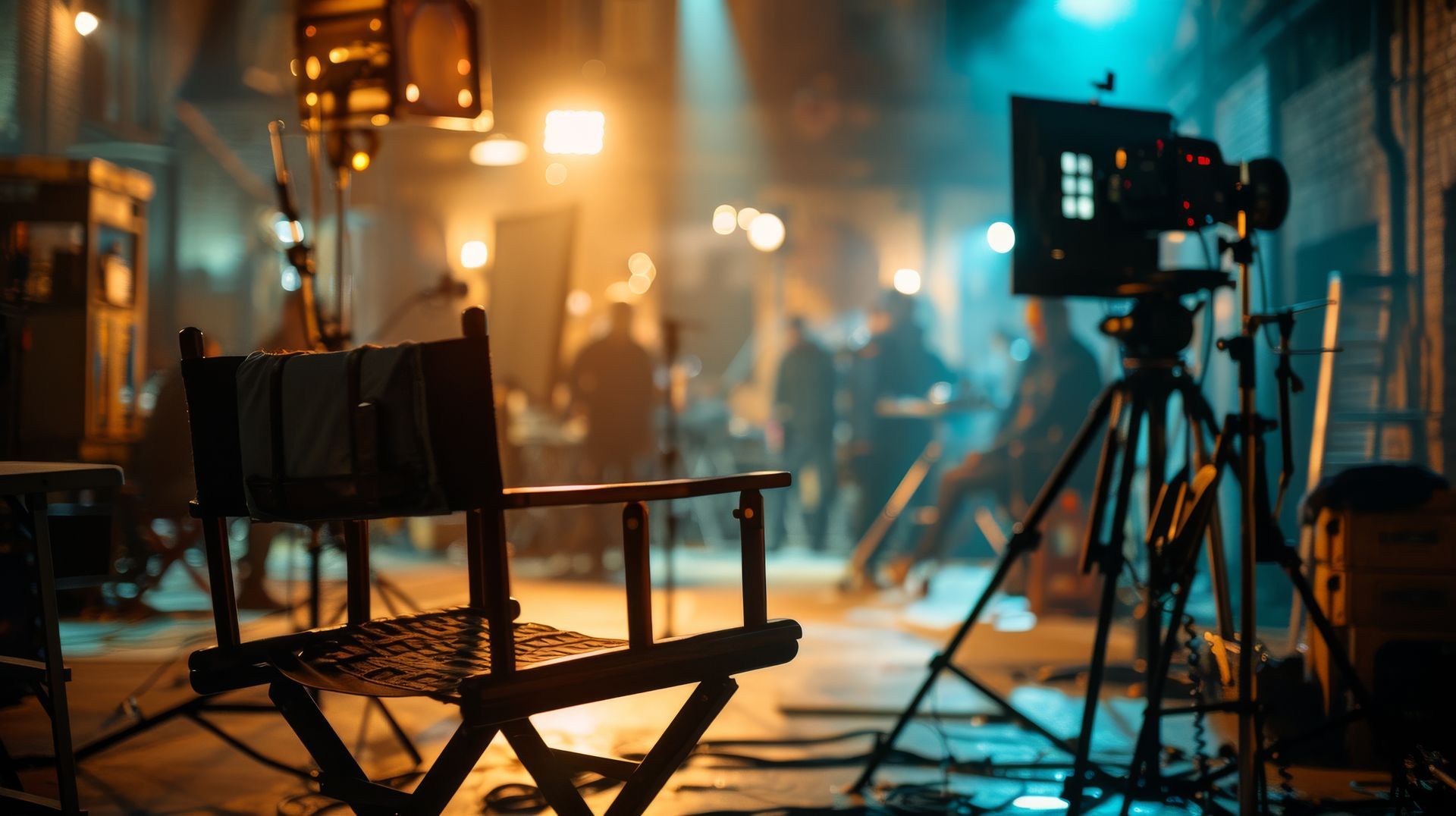 A director 's chair is sitting in front of a camera on a film set.