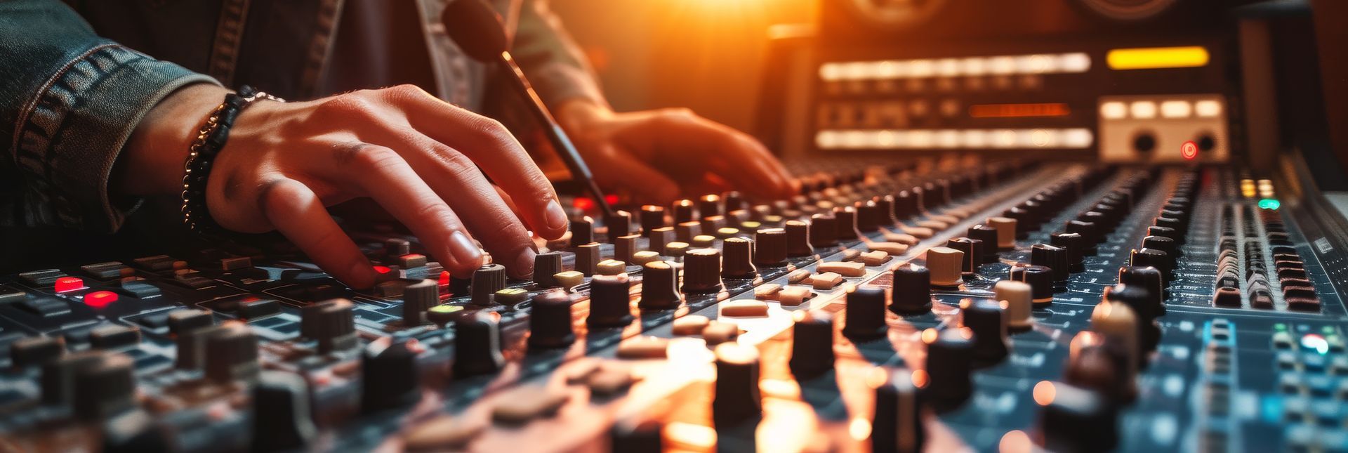 A person is using a mixer in a recording studio.