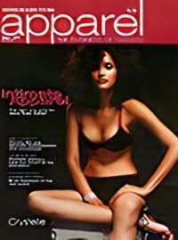 Woman in black lingerie on a magazine cover; red bra straps, white bracelet. Magazine title: apparel.