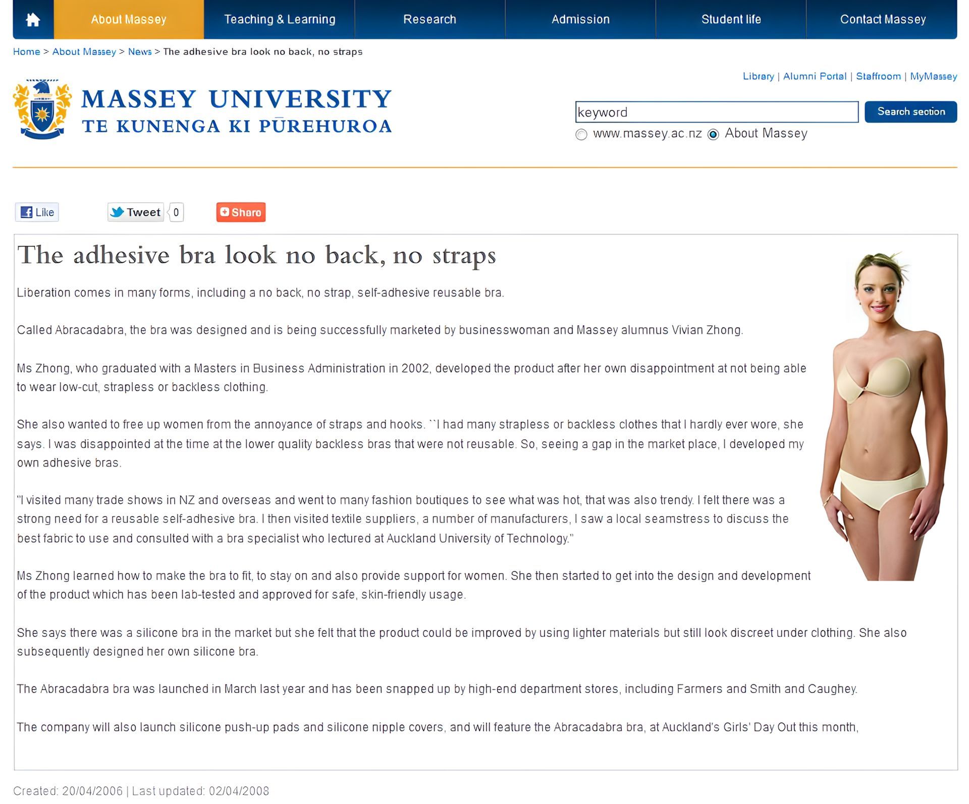 Massey University webpage with headline 