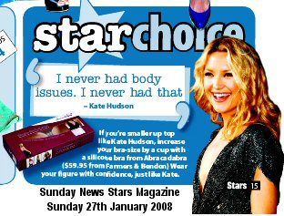 Magazine ad with Kate Hudson quote, she endorses Abracadabra's adhesive bras.