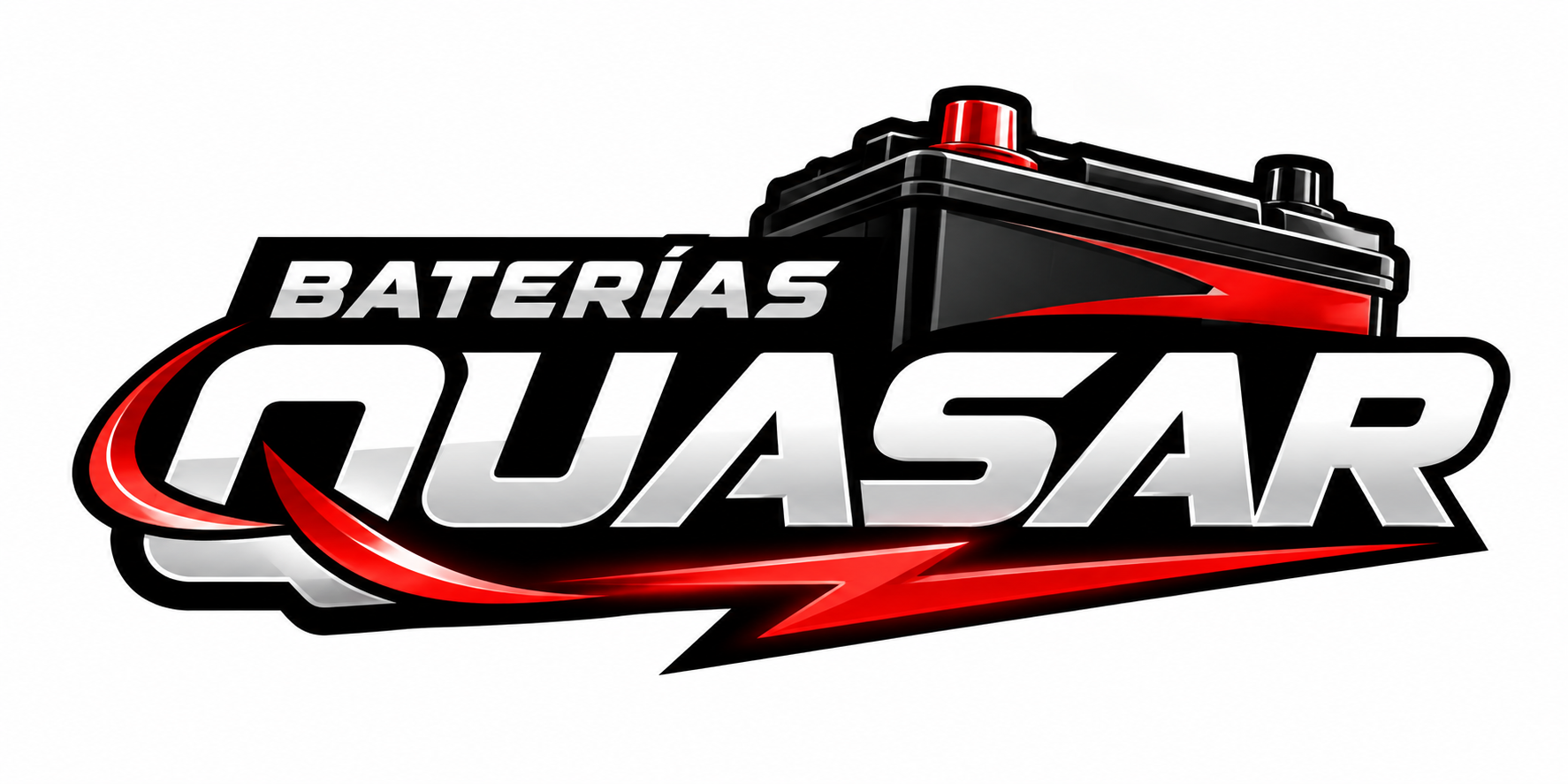 Logotipo de Baterías Quasar en negro, blanco y rojo, con un gráfico estilizado de una batería