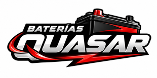 Logotipo de Baterías Quasar en negro, blanco, rojo y gris, con un icono de batería estilizado y detalles de rayos