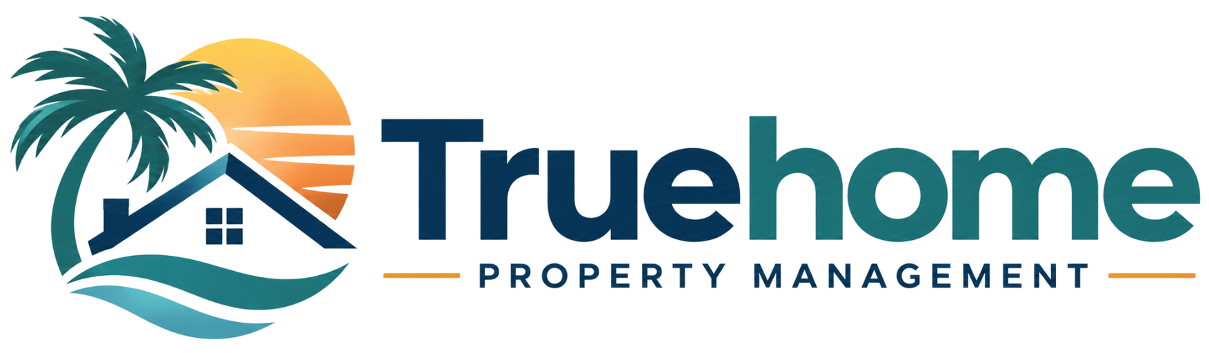 Truehome Property Management logo with palm tree, house, and waves in teal, navy, and orange