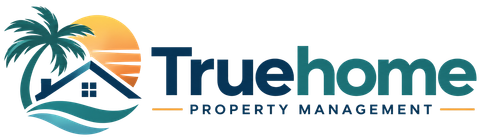 Truehome Property Management logo with palm tree, sun, house icon, and blue text