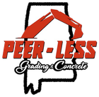 Peer-Less Grading & Concrete logo with red excavator over a black state outline