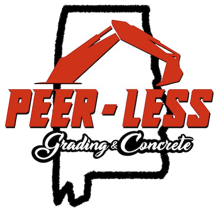 Peer-Less Grading & Concrete logo with red excavator over a black state outline