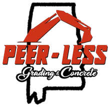Peer-Less Grading & Concrete logo with red excavator over a black state outline
