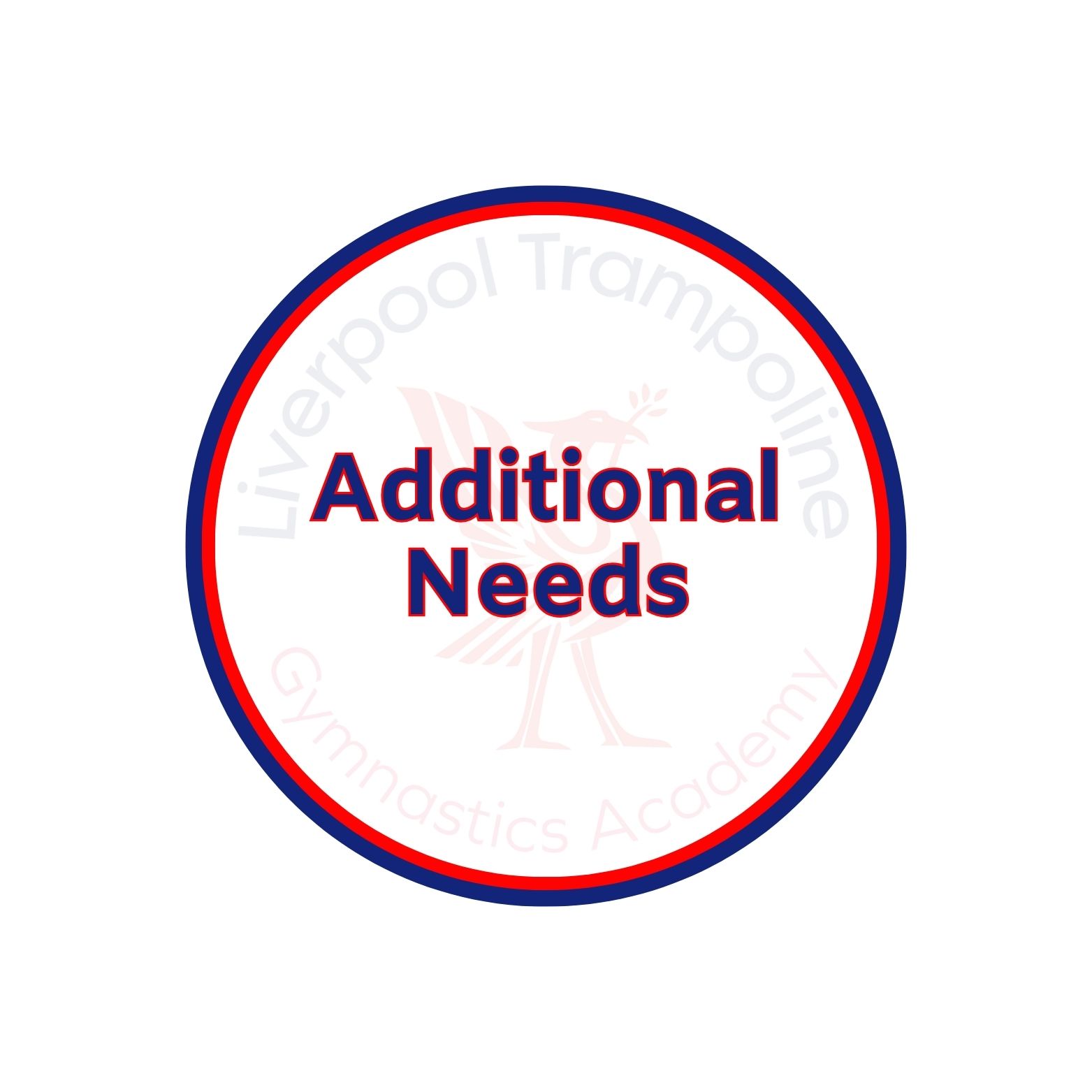 The logo for liverpool trampoline gymnastics academy says additional needs in a red , white and blue circle.