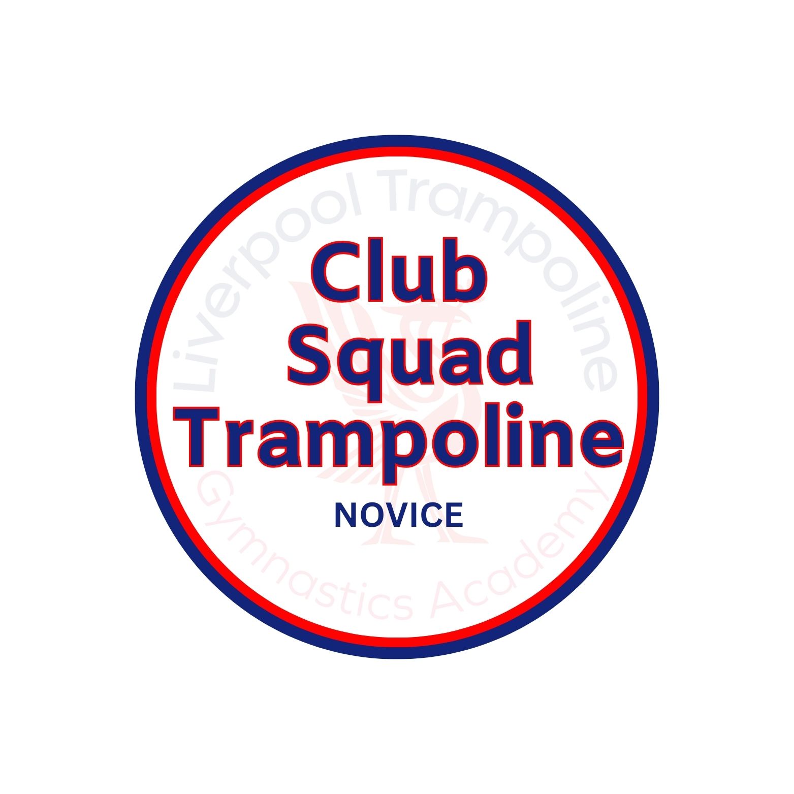 The logo for club squad trampoline novice is a red , white and blue circle.
