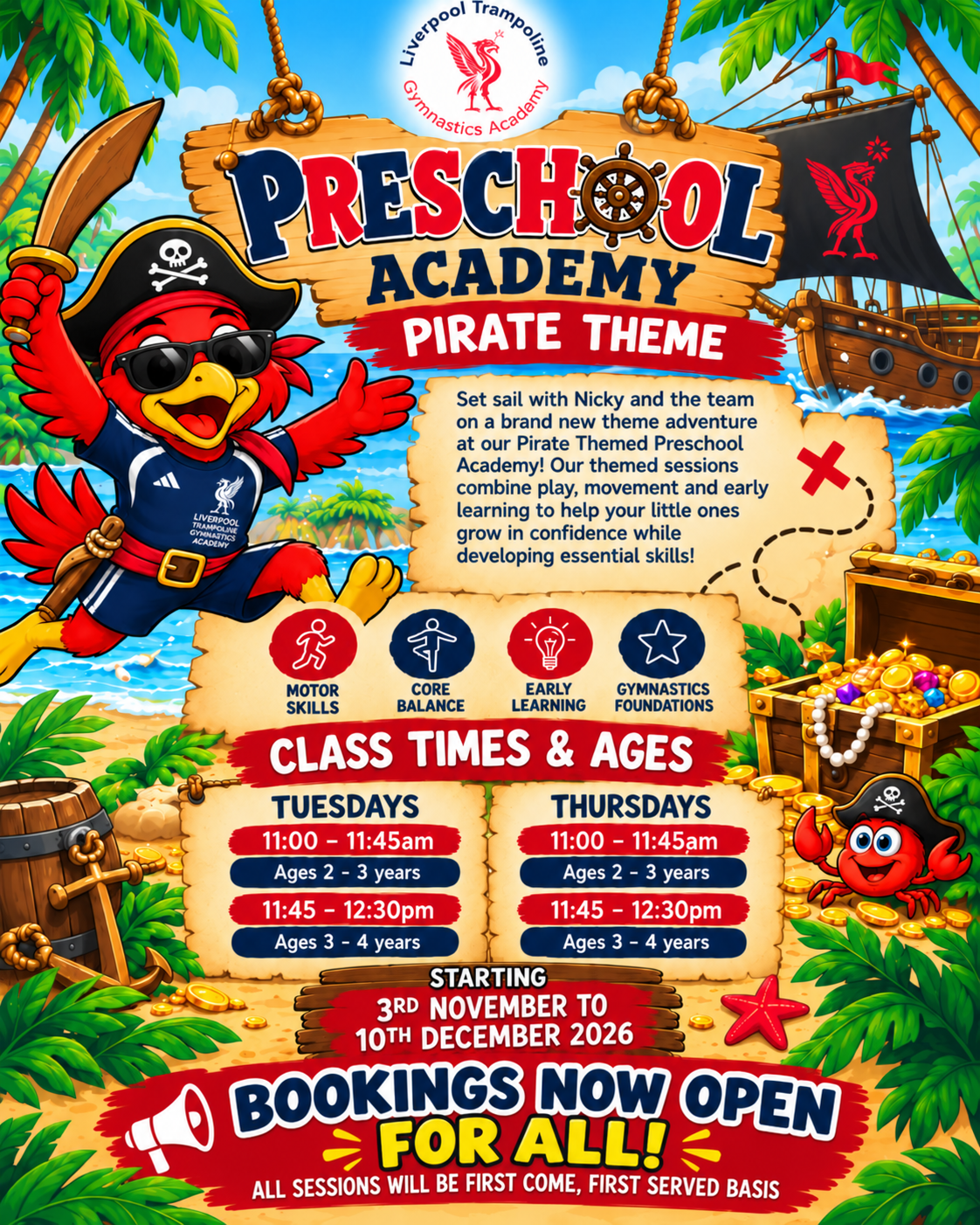 Preschool academy ad with cartoon animals, “Coming Soon!” and “Preschool Gymnastics Class” details