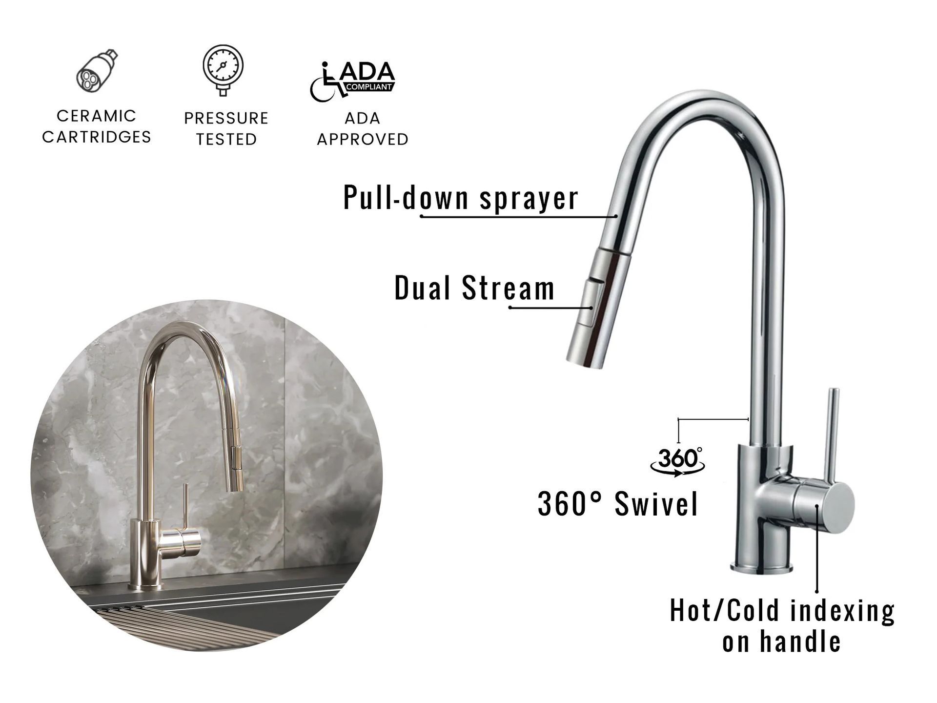 A stainless steel pull-down kitchen faucet with a 360-degree swivel, dual-stream sprayer, and hot/cold handle indexing.