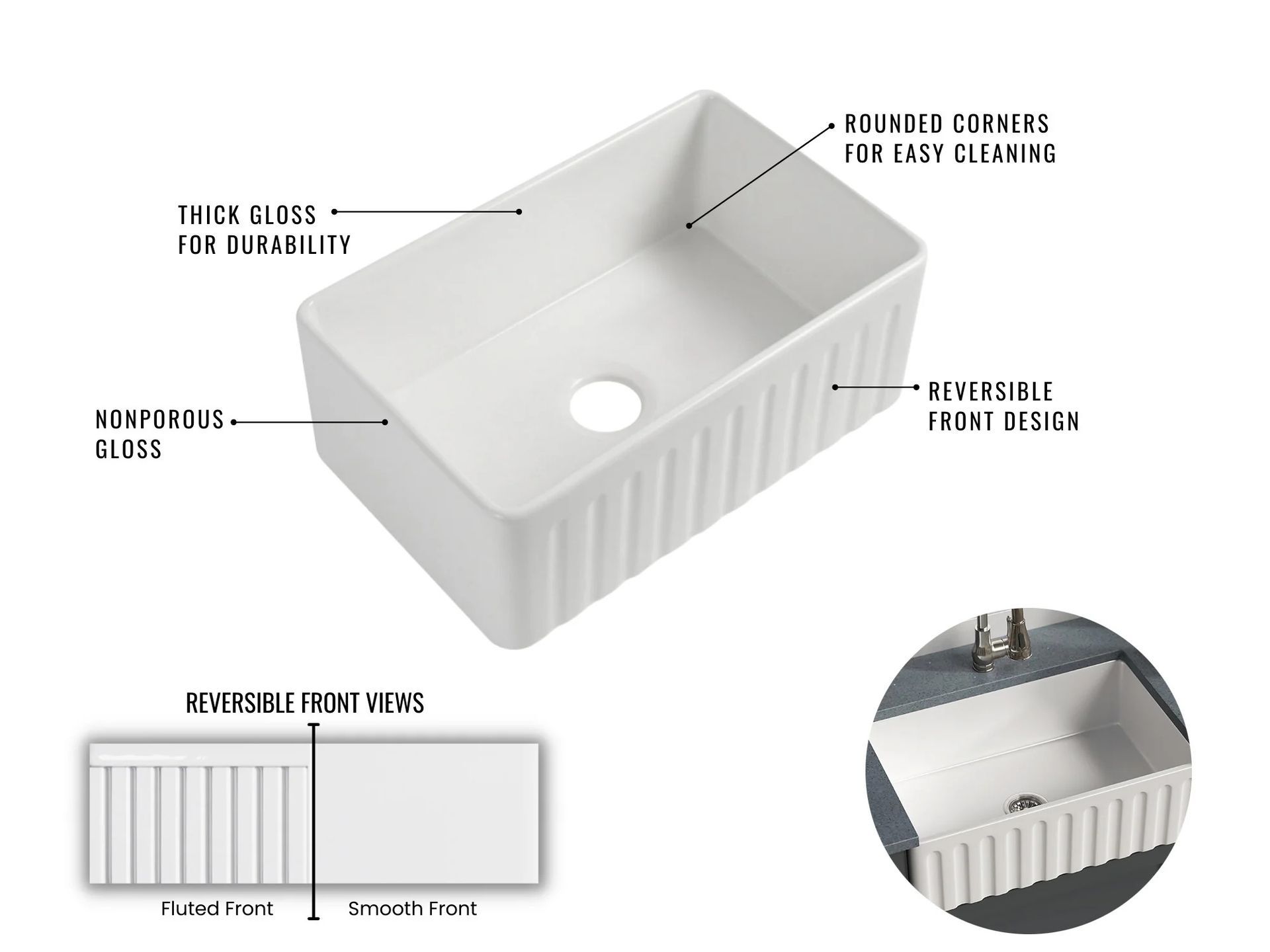 White farmhouse kitchen sink with reversible fluted and smooth front, rounded corners, and durable thick walls.