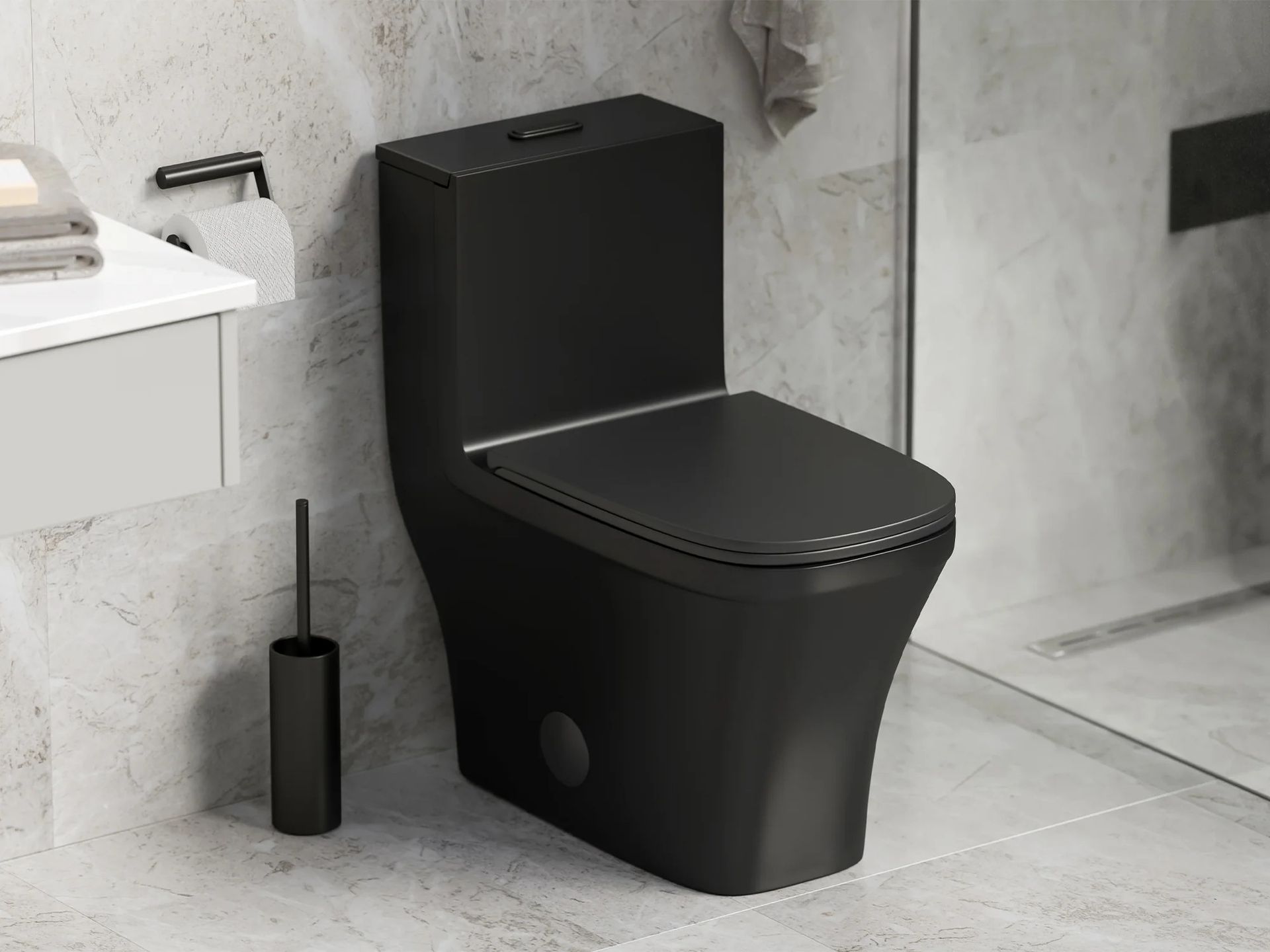 A modern matte black, one-piece toilet stands in a bathroom with light gray marble tile walls and floors.
