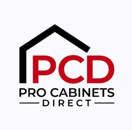 Logo for Pro Cabinets Direct featuring the red letters "PCD" inside a black house outline with text underneath.