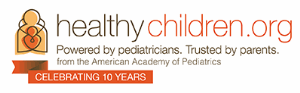 HealthyChildren.org logo with a stylized parent and child icon, tagline, and a