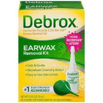 Debrox earwax removal kit box featuring a green dropper bottle and a green rubber bulb syringe on a yellow background.