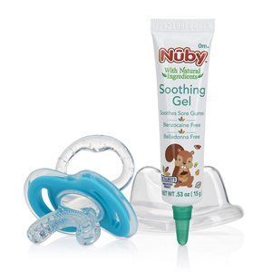 A blue silicone pacifier next to a tube of Nûby teething soothing gel.