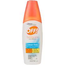 A white bottle of OFF! FamilyCare Clean Feel insect repellent with an orange cap and blue accents.