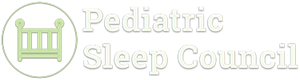 The Pediatric Sleep Council logo, featuring a light green icon of a baby crib inside a circle next to the white text.