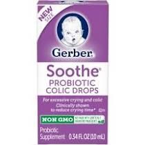 A purple product box for Gerber Soothe Probiotic Colic Drops, featuring an illustration of a baby's face.