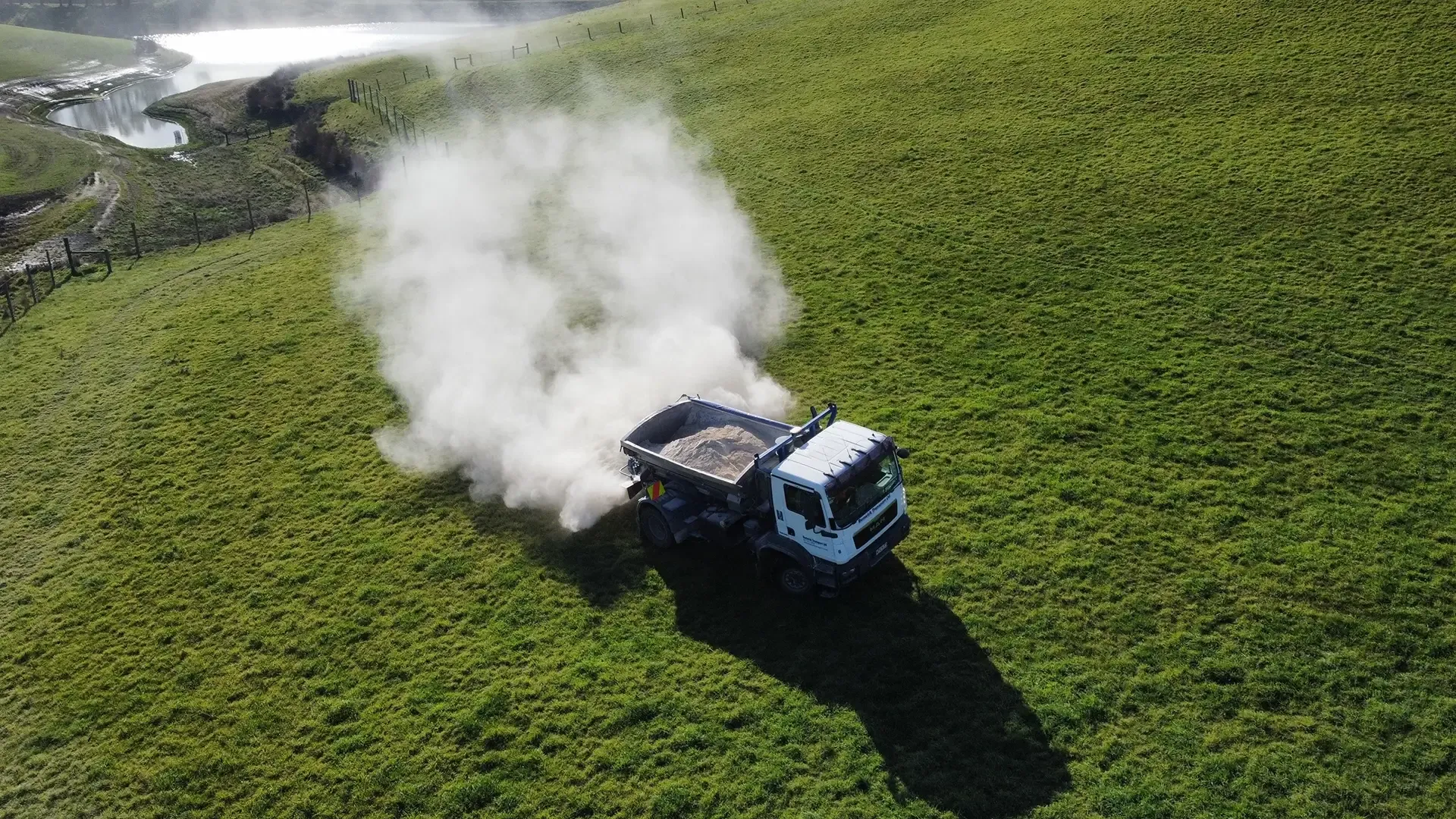 Fertiliser spreading in the Marlborough region by Renwick Transport.