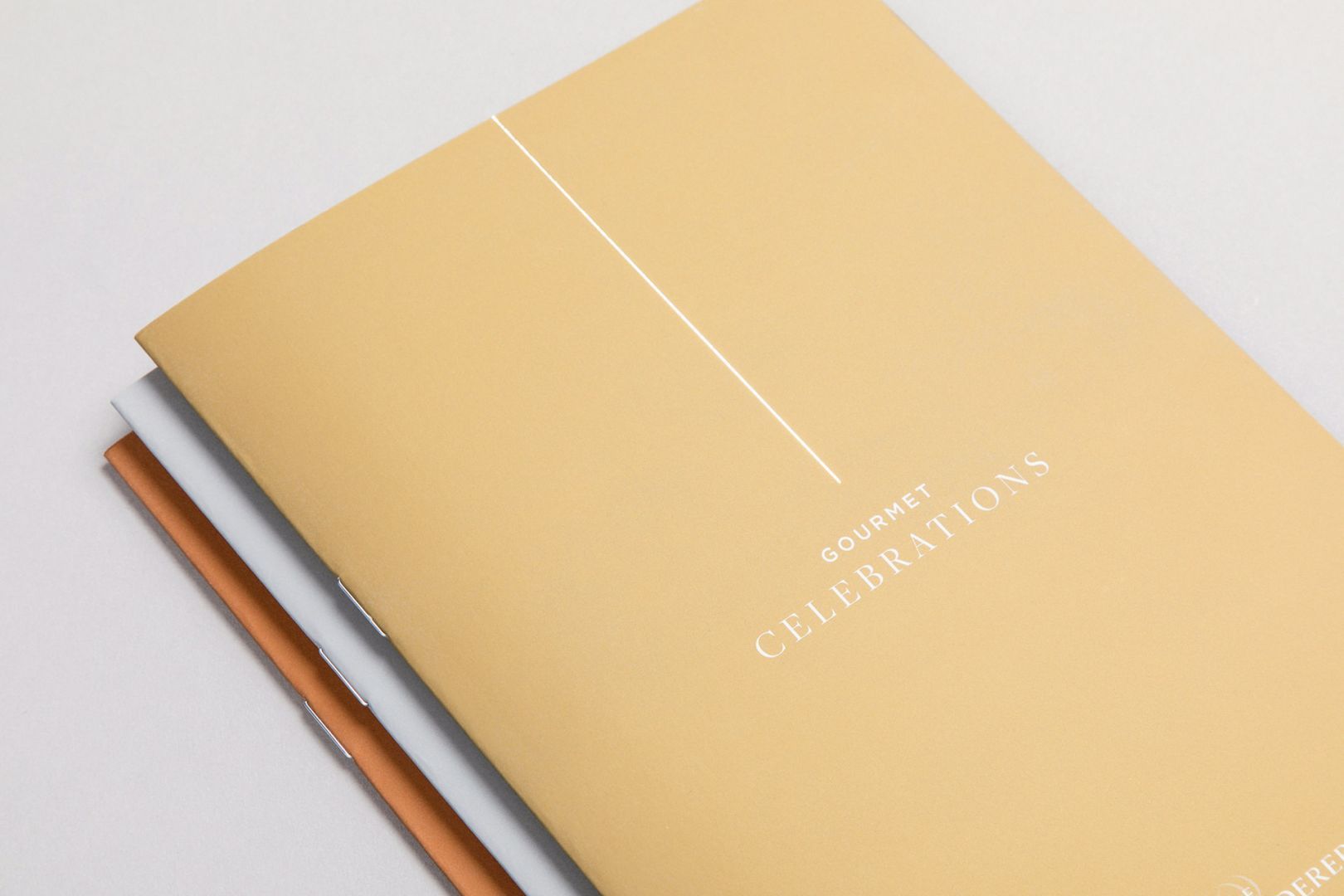 Gold brochure with silver text and a white line, stacked with other brochures.