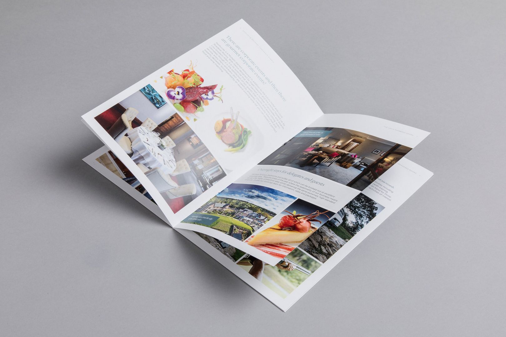 Brochure, open to display photos of food and scenery with Japanese text.