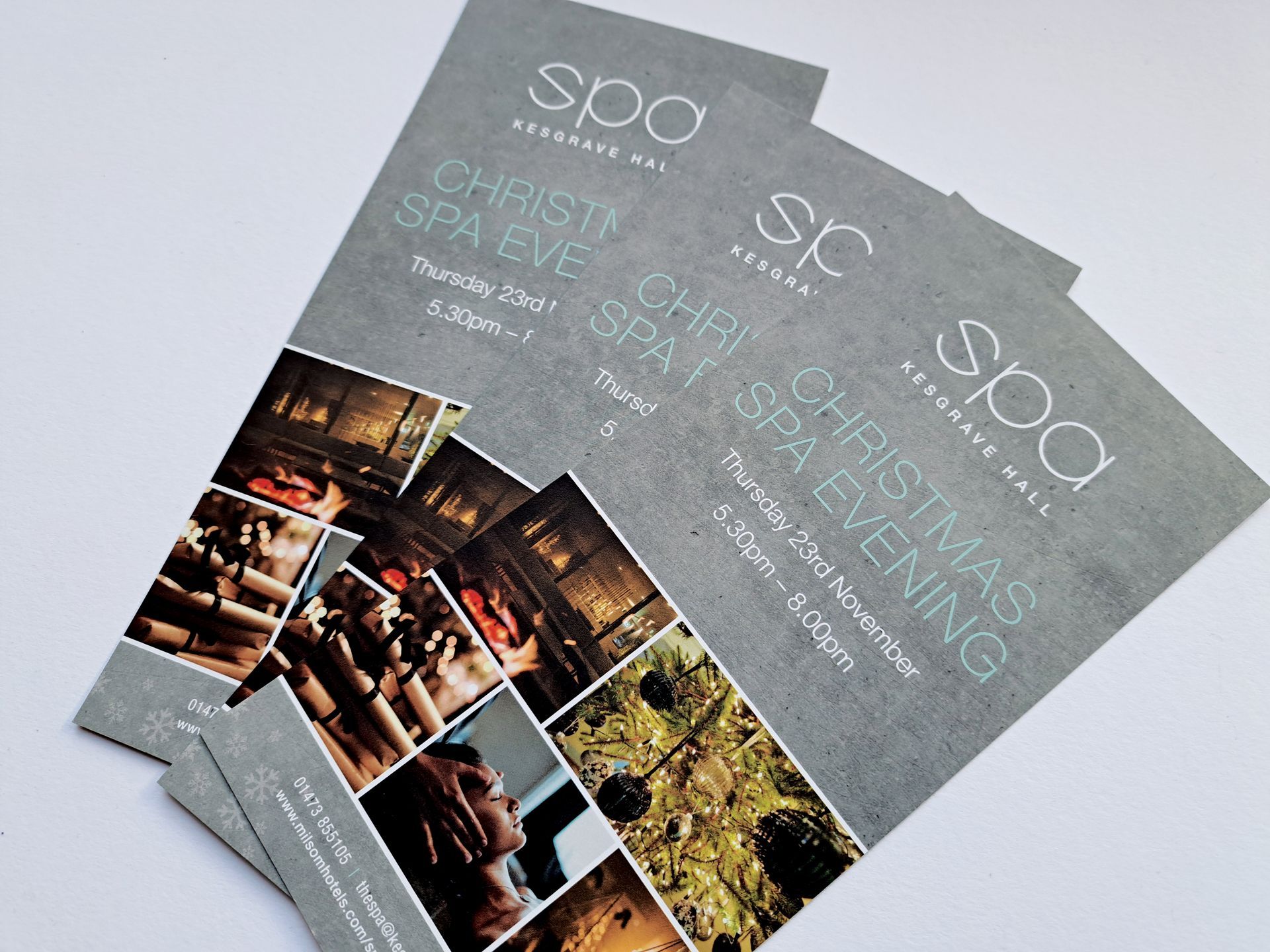 Spa brochures, gray background, stacked, text 