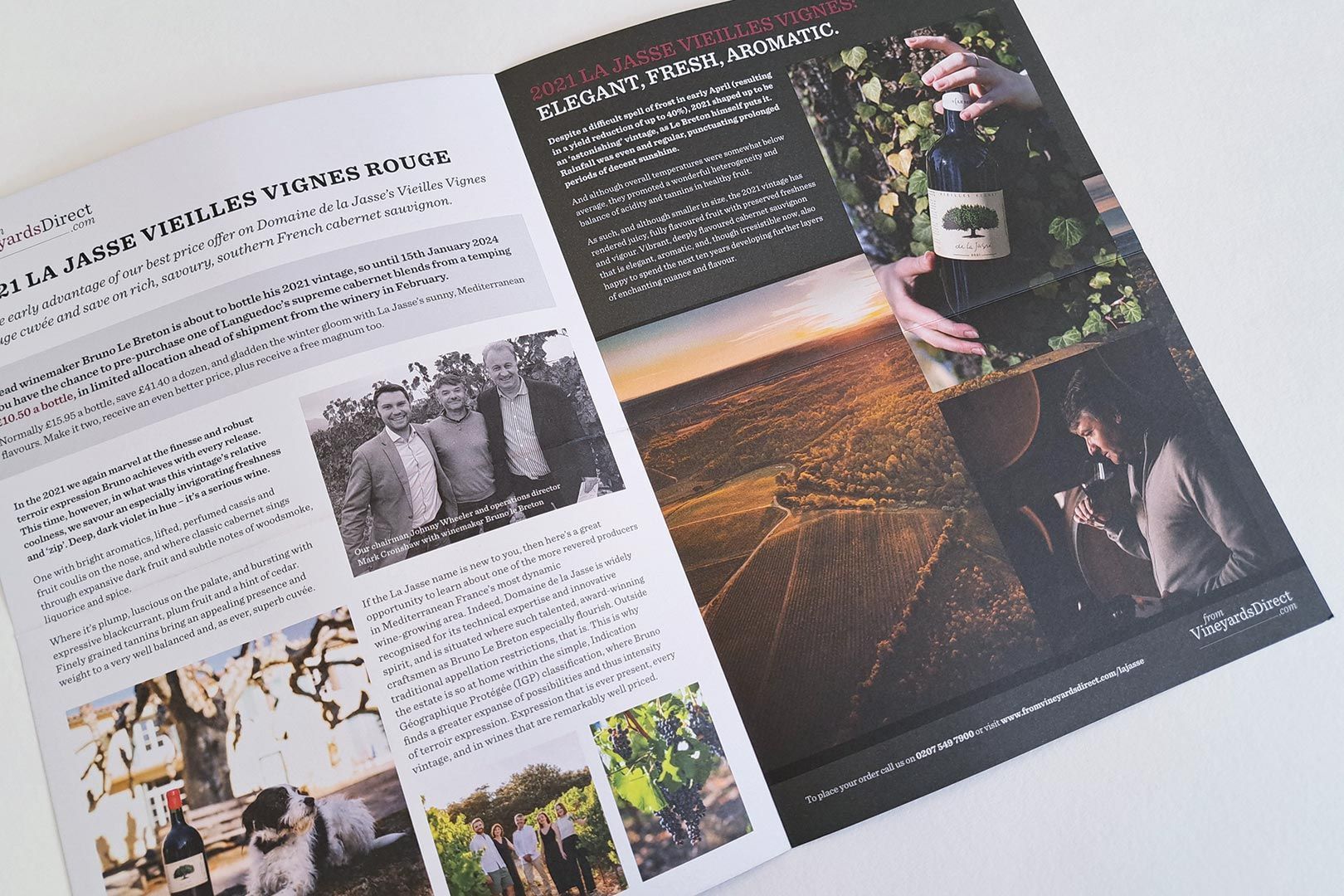 Brochure spread featuring wine bottles, vineyard photos, and text about winemaking.