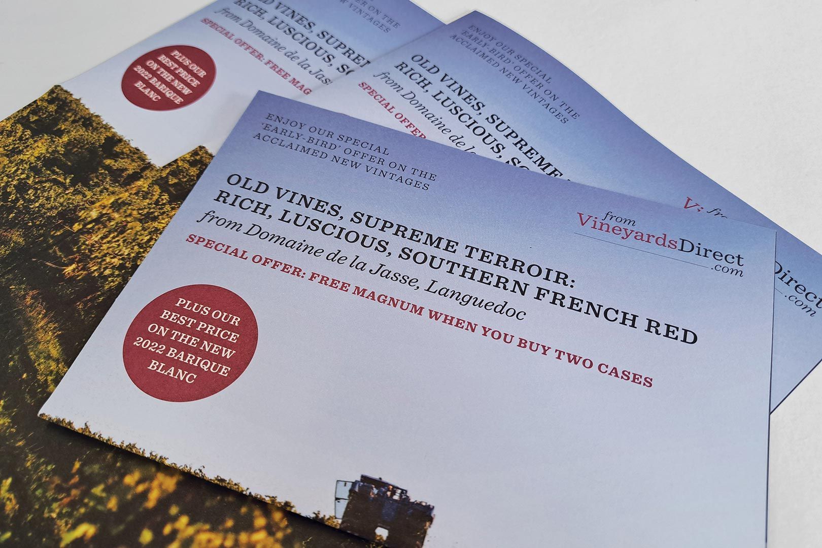 Three printed cards, blue and red text on white, with a photo of a tower and foliage.