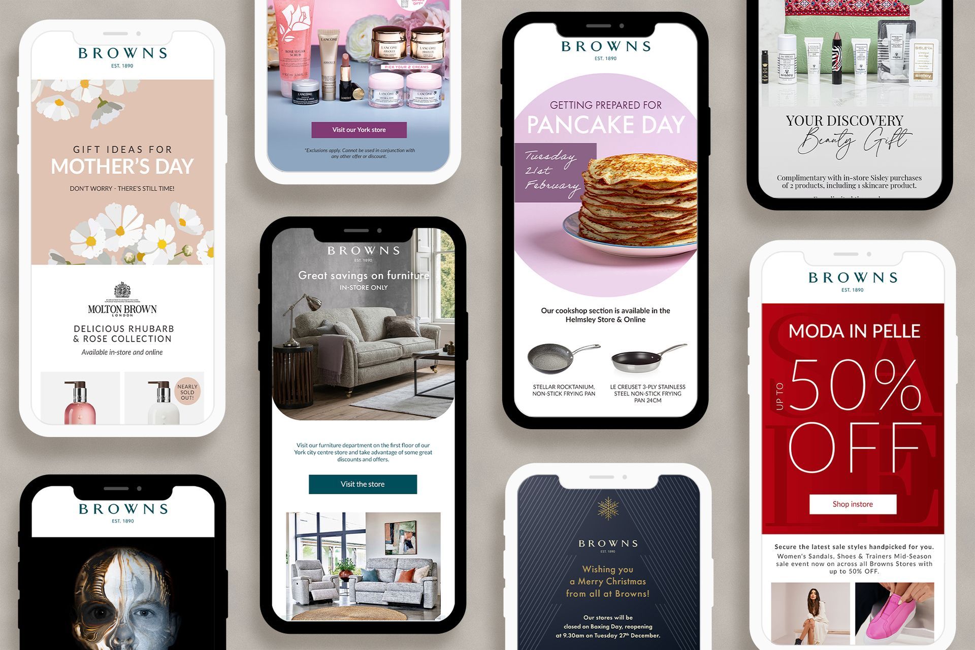 Mobile phone screens displaying various marketing emails for Mother's Day, pancake day, and sales.