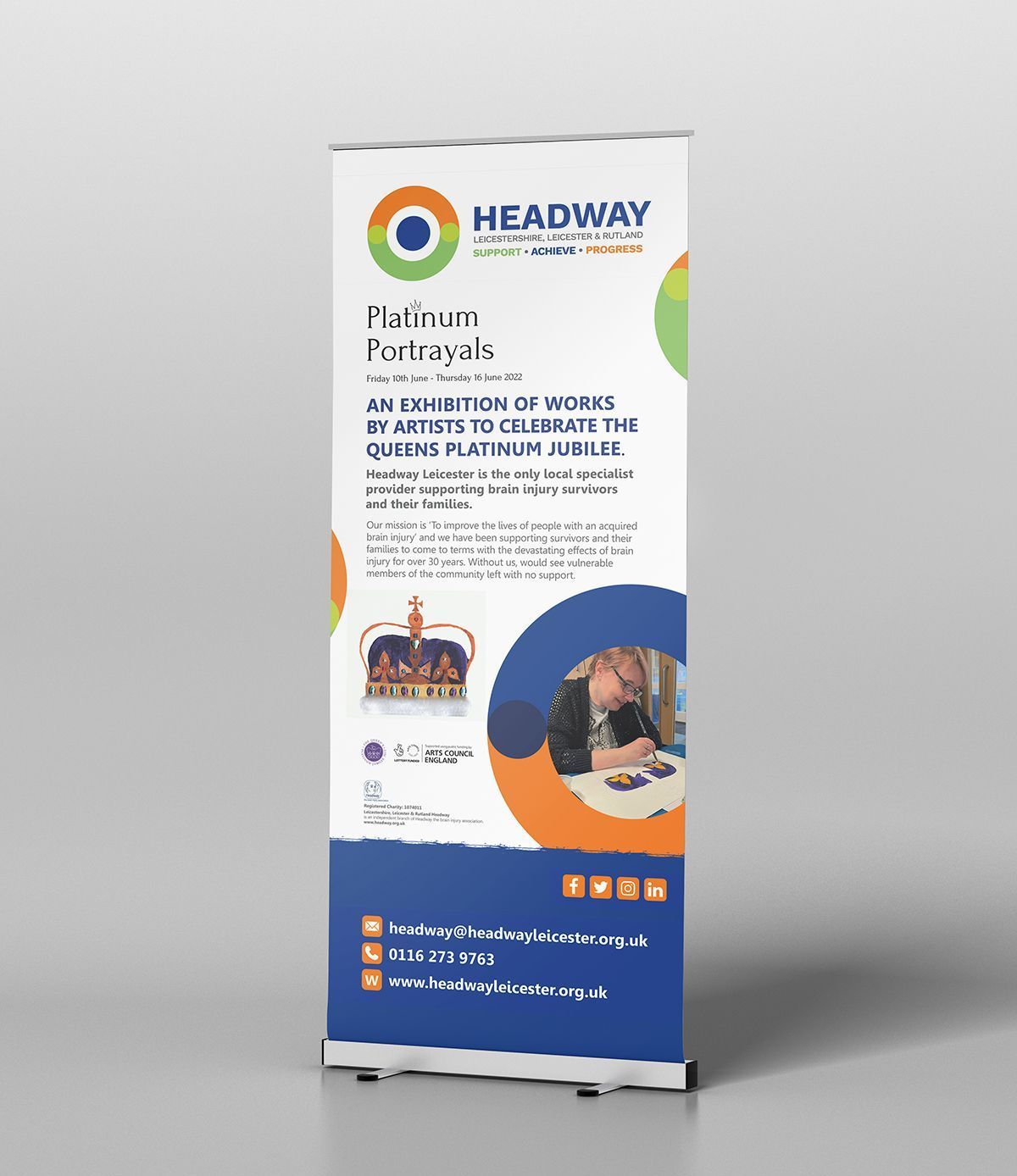 Roll-up banner for Headway featuring logo, event details, and an image of people at a table.