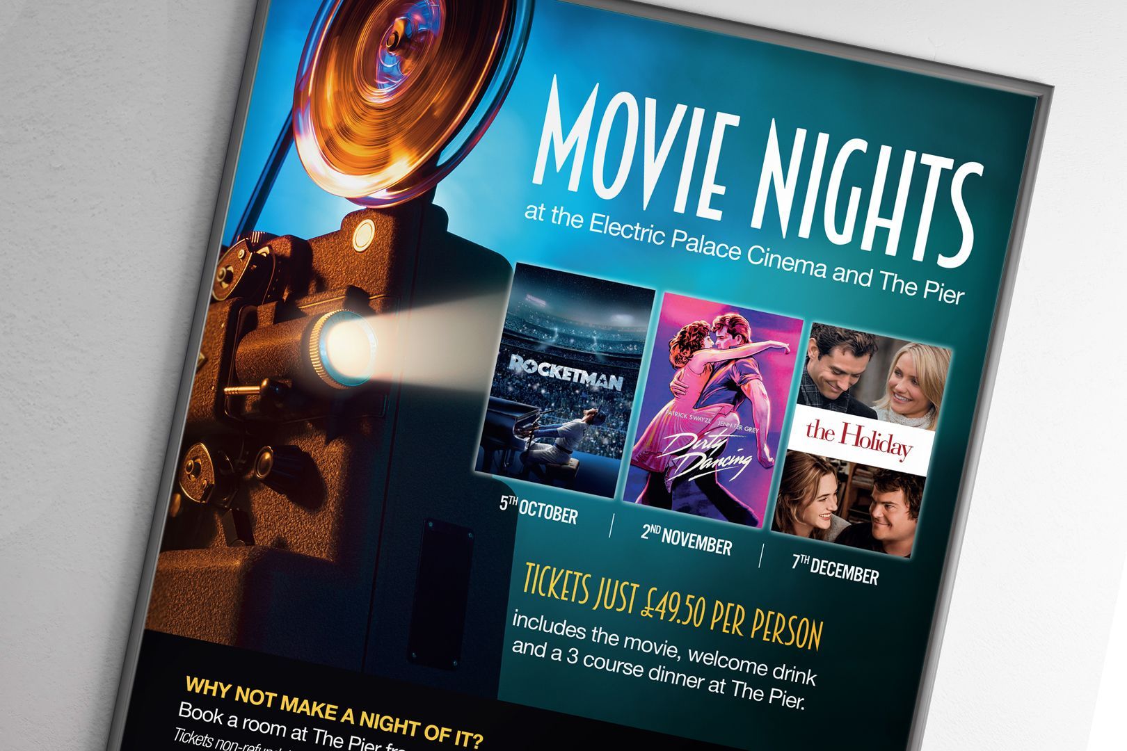Movie Nights flyer with projector, featuring film posters and event details.
