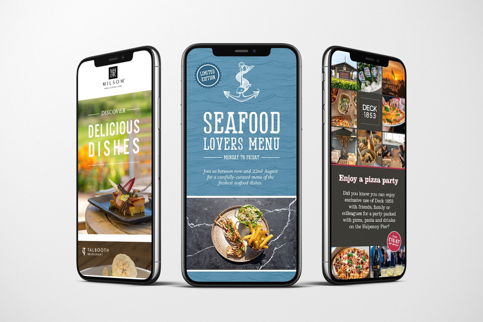 Three smartphones displayed side-by-side, showcasing digital design with food photos and typography.