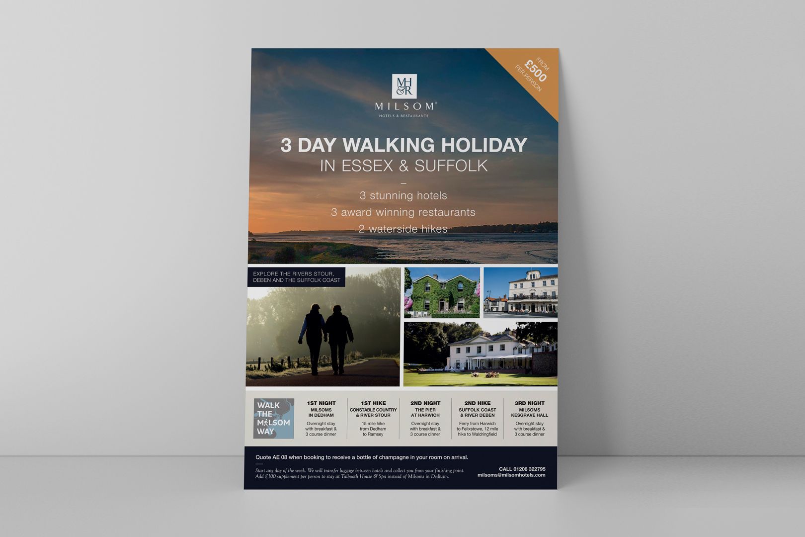 Poster for a 3-day walking holiday, featuring hikers and hotel images, with a sunset background.