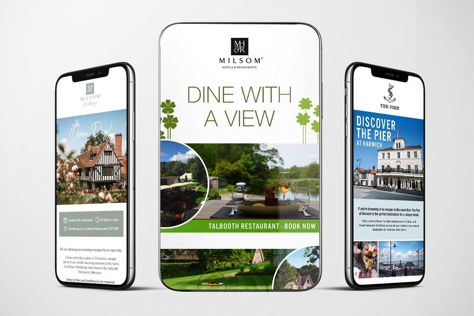 Three smartphones displaying promotional material for a restaurant with views.