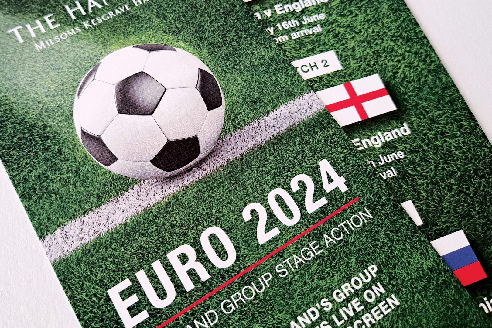 Poster for Euro 2024 with a football on a green field. England flag also visible.