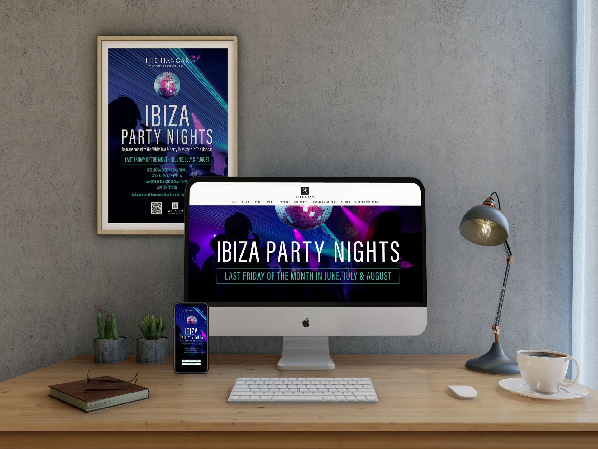 Desktop setup with Ibiza Party Nights poster, computer, phone, desk lamp, plants, and coffee cup.