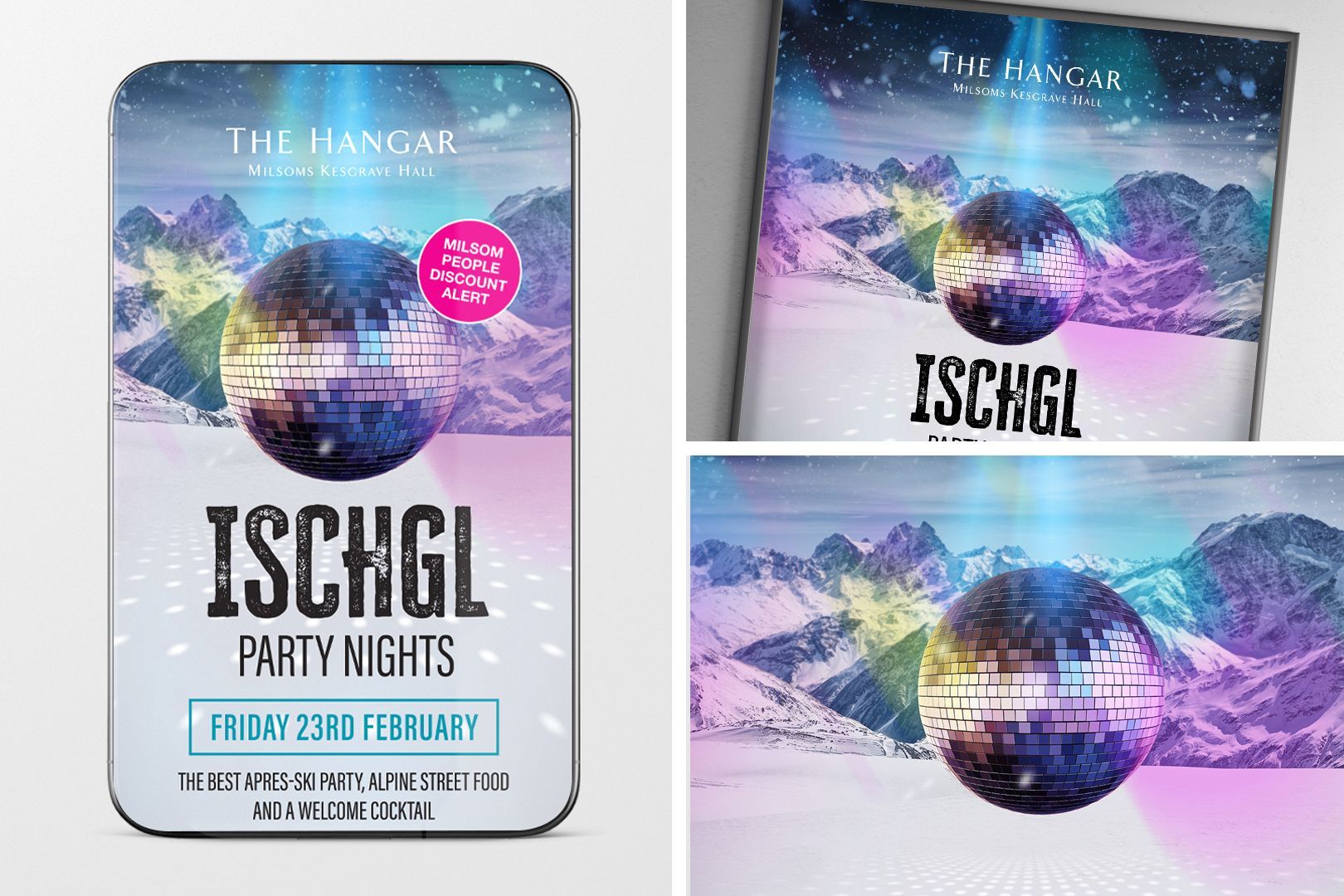 Party flyer for Ischgl Party Nights with disco ball over mountains. Blue, pink, and white color scheme.