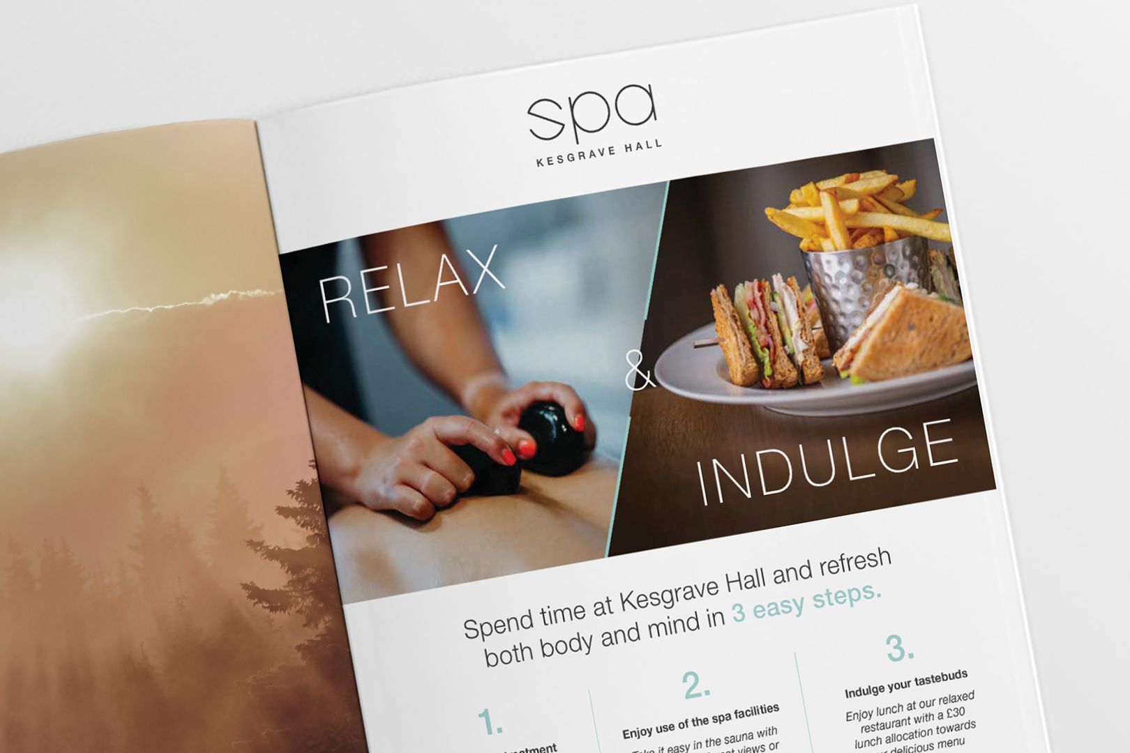 Brochure showing spa services. Woman receives massage. 