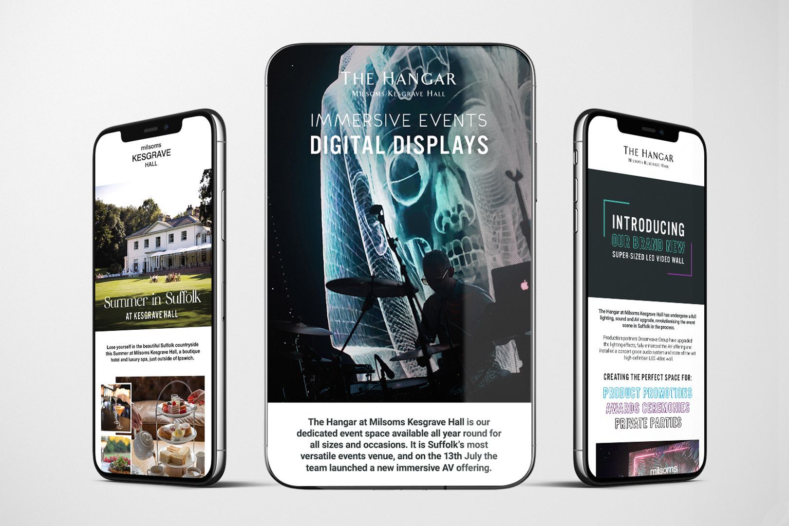 Three smartphones showcasing a digital displays website; middle screen shows saxophone player.