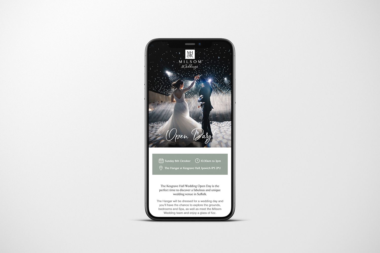 Wedding invitation on a phone: couple in snow, text announcing date, time, and location.