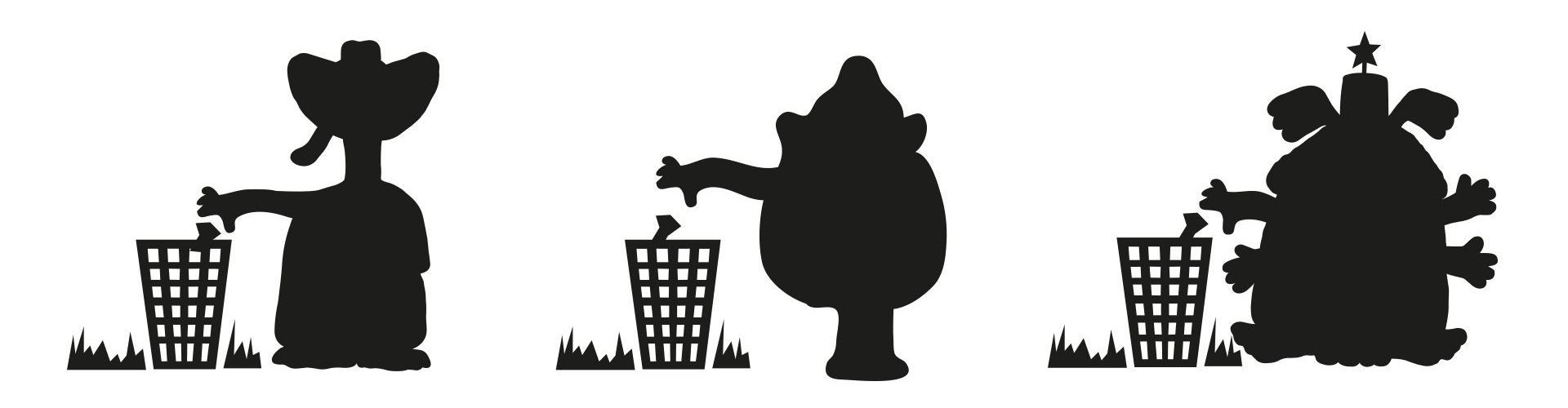 Three silhouettes of creatures throwing trash into a bin.